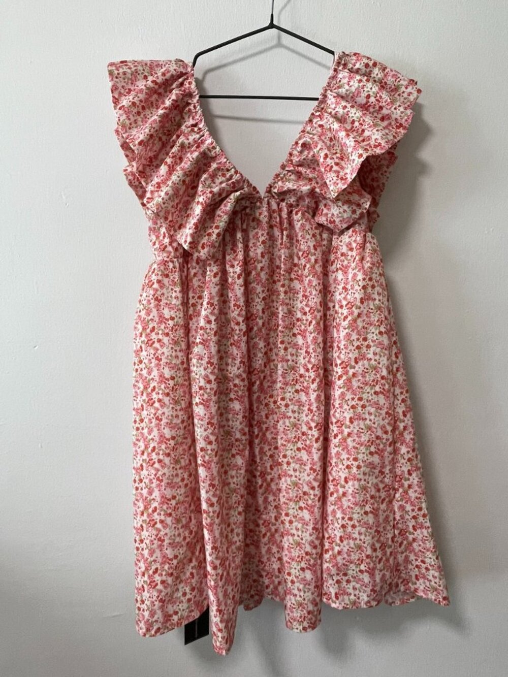 Blouson Babydoll Floral Ruffle Shoulder Deep V-Neck Mini Dress Size S